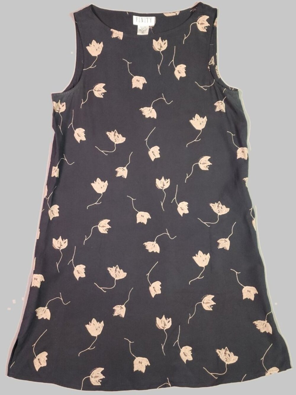 Finity Navy Silk Leaf Print Sleeveless Shift Dress Women's Size 8